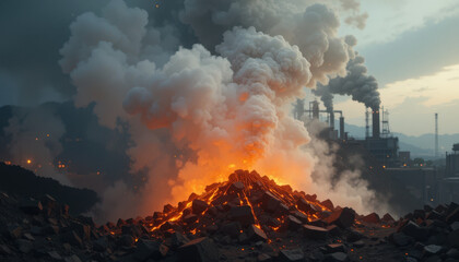 Volcanic eruption and industrial smoke mountain region nature phenomenon dramatic environment wide-angle view destruction concept