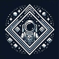 Astronaut in geometric cosmic frame with stars and planets space exploration.
