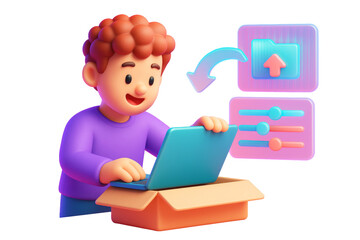 3D cartoon character using a laptop with upload and settings icons, colorful style, isolated on a white background, concept of digital technology, Ai generative