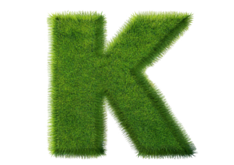 Grass font 3d rendering letter K isolated on a transparent or white background