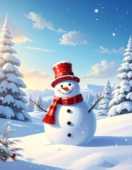 Festive illustration of a snowman in a snowy landscape, adorned with a red hat and scarf, under a bright, partly cloudy winter sky