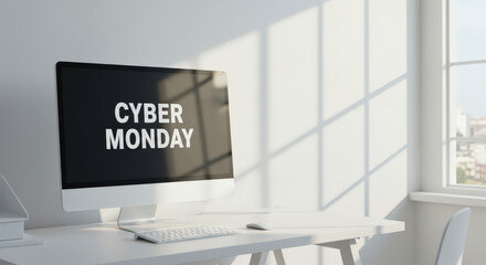 Cyber Monday message on computer screen in bright office