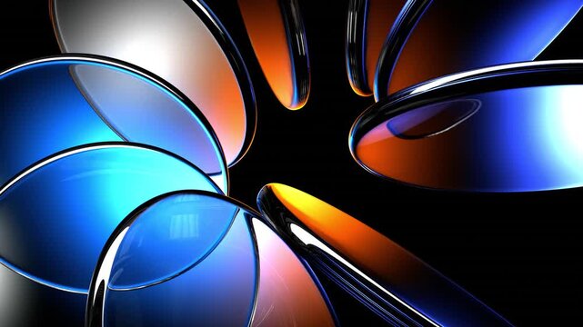 Abstract black 3d background with neon glass circle discs, radiant red blue gradient. Crystal round disks, holographic transparent plates, circular motion animation. Modern technology wallpaper.