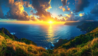 Vibrant sunset over a dramatic ocean coastline, viewed from a grassy clifftop; golden hour light illuminates clouds and sea
