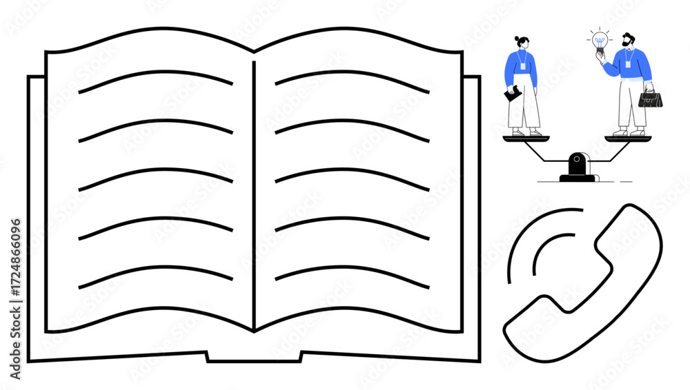 Poster open book in focus, characters balancing on scale with idea bulb and briefcase, and telephone icon. 
