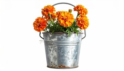 Vibrant orange marigolds bloom in a rustic, aged metal bucket with a small handle, isolated on white