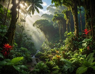Lush, sunlit tropical rainforest scene with verdant plants and a gentle stream, creating a serene and vibrant natural landscape