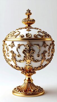 Ornate gold and white covered urn on pedestal, featuring intricate rococo-style carvings and a finial