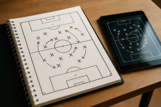 Soccer strategy plan drawn on notebook and digital tablet on wooden desk, showing tactical formations and arrows in bright light background concept. Ai generative - Powered by Adobe