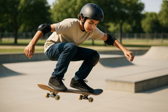 Teen boy in helmet performing skateboard trick mid-air at skatepark in sunlight with soft background of trees and ramps. Ai generative