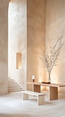 Exploring Minimalist Office Aesthetics with a White Room, Flowers and a Simple Bench