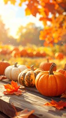 Autumn bounty Pumpkins rest on a rustic wooden surface, bathed in warm light, with vibrant leaves scattered around a bright field backdrop