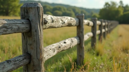 Rustic wooden fence in a sunlit meadow with blurred green hills