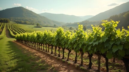 Scenic Vineyard Landscape with Sun-Kissed Grapevines and Rolling Hills