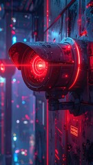 Cyberpunk surveillance Close-up of a security camera with red lights in a futuristic, neon-lit cityscape, focusing on technology & urban decay