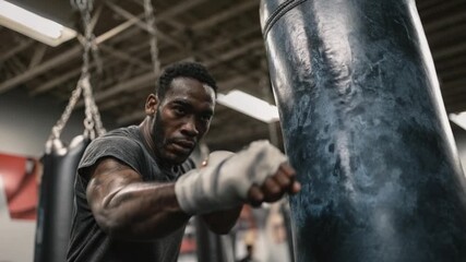Intense Boxer Hitting Punching Bag: A determined boxer, wrapped hands, focused and energized. The image reflects the intensity and focus involved in boxing practice.