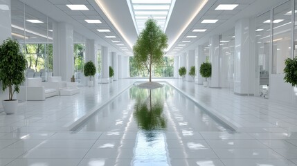 Discover the Serenity of Minimalist Offices with Reflective Pool Elements and Natural Touches