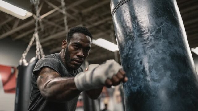 Intense Boxer Hitting Punching Bag: A determined boxer, wrapped hands, focused and energized. The image reflects the intensity and focus involved in boxing practice.