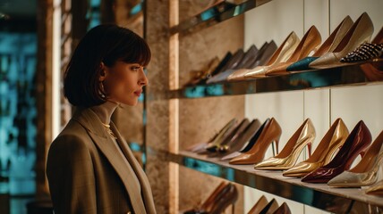 Elegant lady with short black hair in a luxury shoe store, looking at high heels