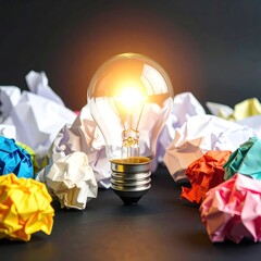 A lightbulb glows atop a pile of colorful crumpled papers against a dark backdrop, symbolizing innovation and new ideas