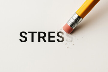Pencil eraser removing the word stress from a white paper surface erasing