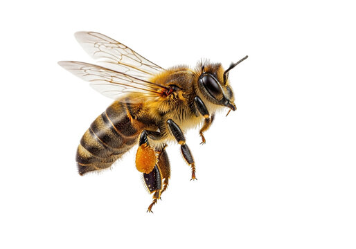 Honey bee in flight with pollen basket on leg isolated on transparent background