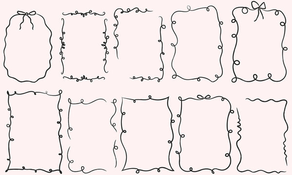 Modern hand drawn trendy coquette frames doodle set with bows, ribbon and wavy lines. Vintage whimsical borders. Elegant vector design template for wedding invitation, birthday, print, holiday poster.