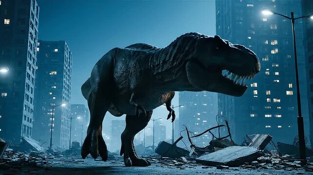 Tyrannosaurus Rex Roaming Through a Destroyed City at Night.