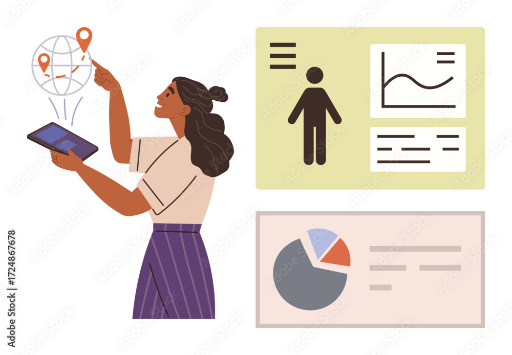 Aufkleber woman using tablet to interact with location markers on globe, analyzing graphs, charts, and demogra