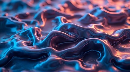 Wavy metallic liquid surface illuminated by vibrant blue and orange neon lights.