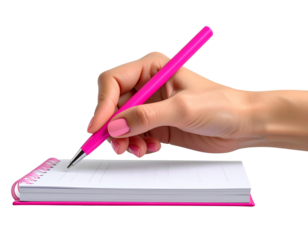  Hand Holding Pink Pen, Mid-Writing Action, Side Angle, Isolated