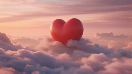A large red heart - shaped object rests on clouds under a pastel - hued sky at sunset, evoking love and serenity.