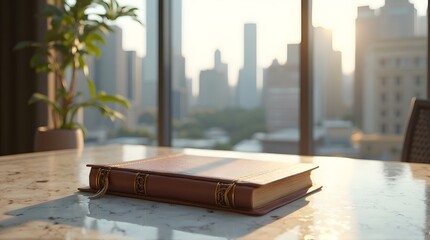 Vintage leather-bound book on a marble table with a modern city skyline view at sunrise.