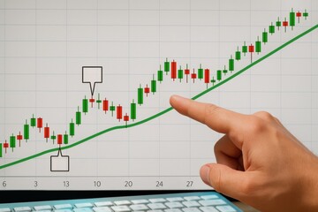 Finger pointing at candlestick stock chart with green trend line showing financial trading analysis and investment growth
