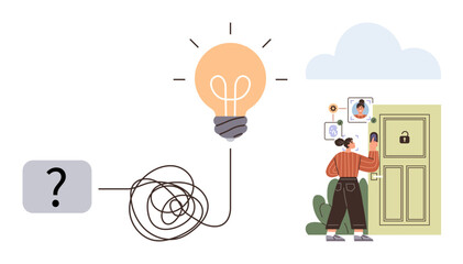 Woman analyzes information to unlock door, navigating tangled line leading to a glowing lightbulb. Ideal for problem-solving, innovation, creativity, strategy, brainstorming, critical thinking