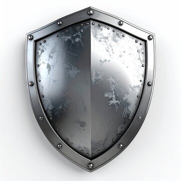 A weathered, metallic, pointed shield with rivets along its rim, set against a white background