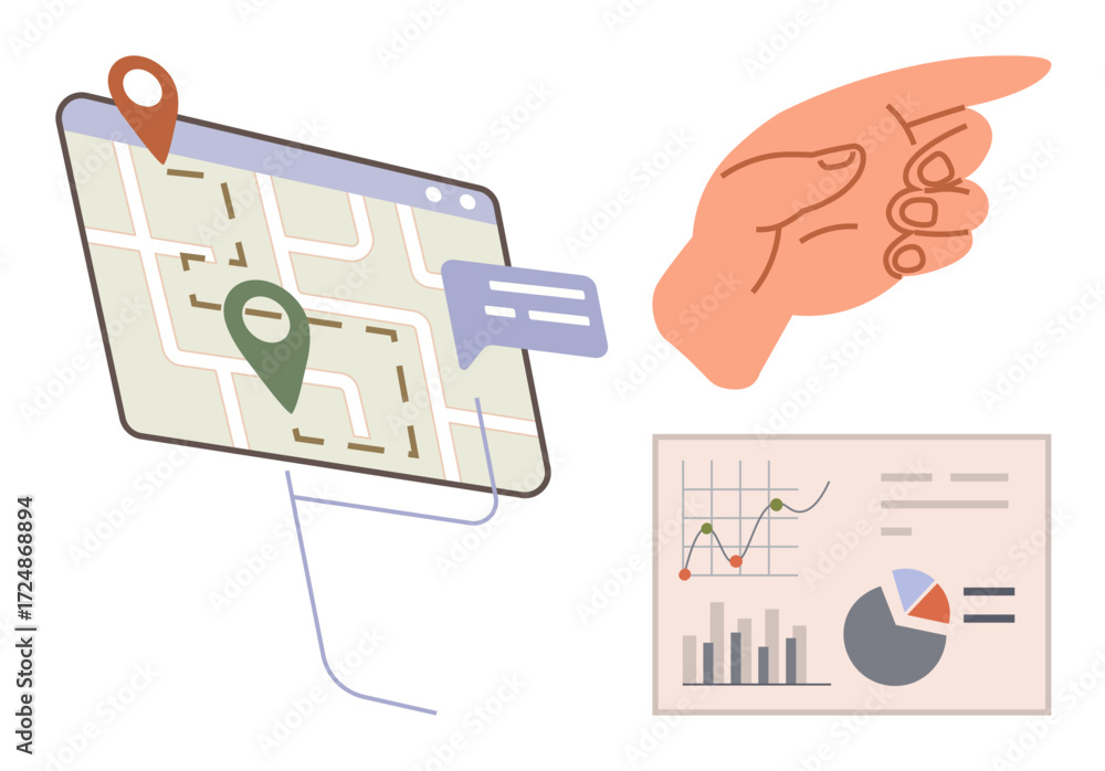 Poster digital map with location pins, analytics dashboard with charts and graphs, and pointing hand indica