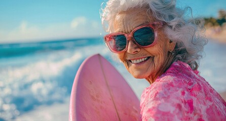 Elderly woman in sunglasses enjoying a day at the beach with a surfboard, embracing the joy of ocean life and sunshine