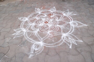 kolam an art made of powdered rice put in front of house to invite prosperity
