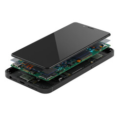 A sleek, modern smartphone's precision cross-section reveals glossy screen, intricate circuitry, and micro-components on a transparent background with dramatic studio lighting. Concept of precision