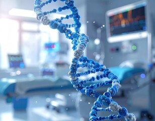 Blue and white DNA helix strands float within a sterile, blurred hospital room setting, suggesting genetics and healthcare technology