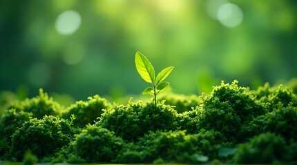 Young Plant Growing in Lush Green Moss, Nature Scene