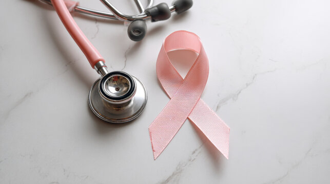 Pink ribbon and stethoscope on a marble surface, symbolizing healthcare and support. - Powered by Adobe