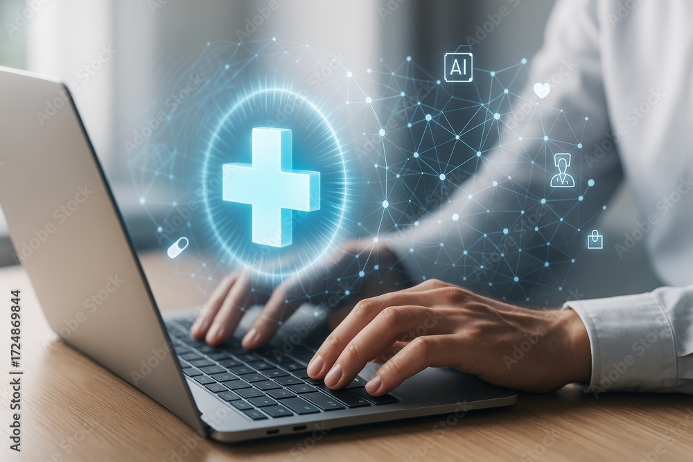 Poster hands typing on laptop with glowing medical cross and tech network icons on light background showing