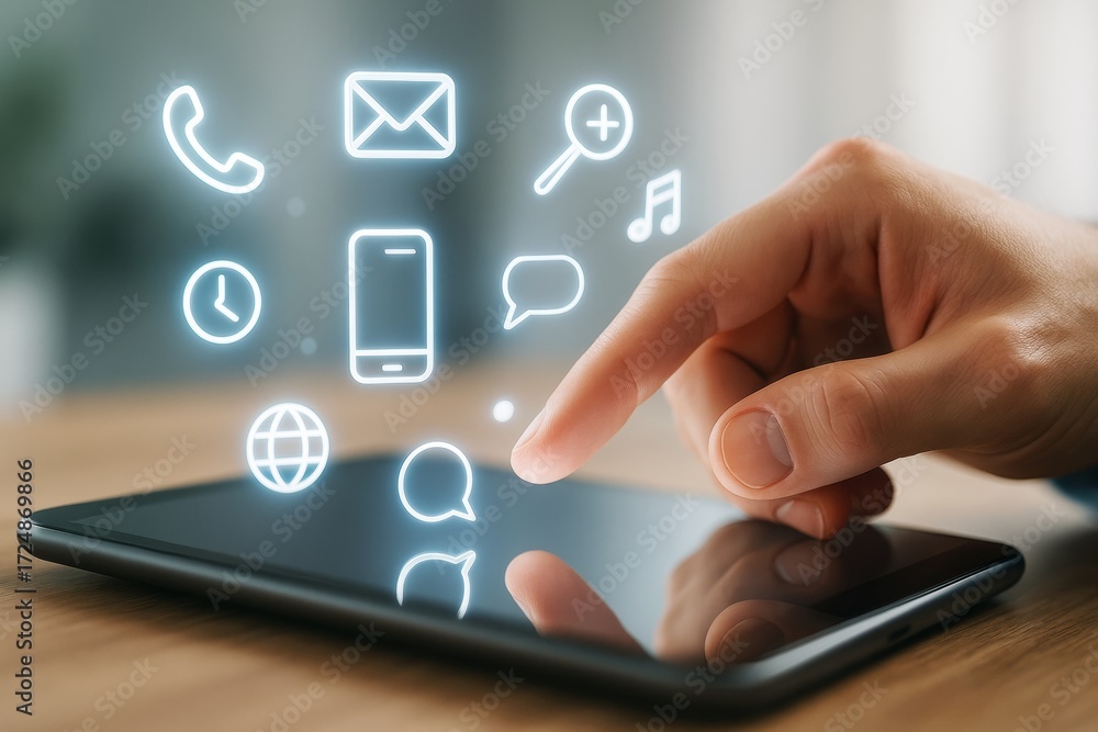 Poster human hand interacting with digital tablet interface displaying glowing communication icons on abstr