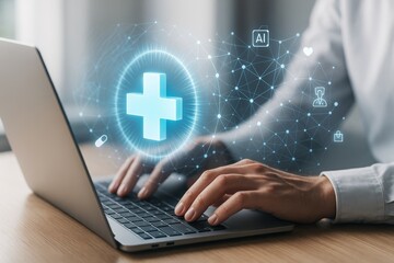 Hands typing on laptop with glowing medical cross and tech network icons on light background showing healthcare technology concept. Ai generative.