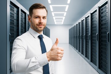 Confident young IT professional showing thumbs up in modern data center corridor with bright lighting and futuristic technology background concept.