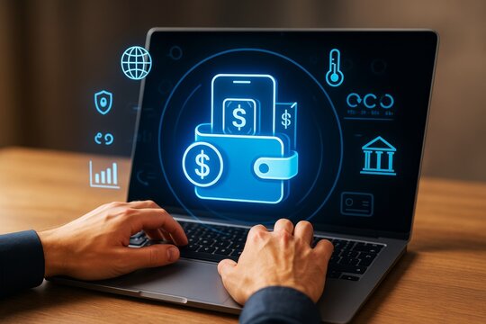 Digital wallet icon with dollar signs on laptop screen, hands typing, glowing tech symbols and light effects on dark background. Ai generative.