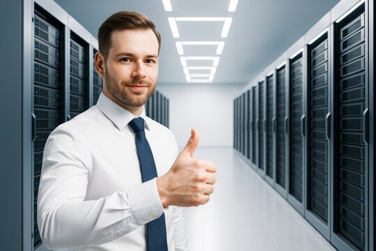 Confident young IT professional showing thumbs up in modern data center corridor with bright lighting and futuristic technology background concept.
