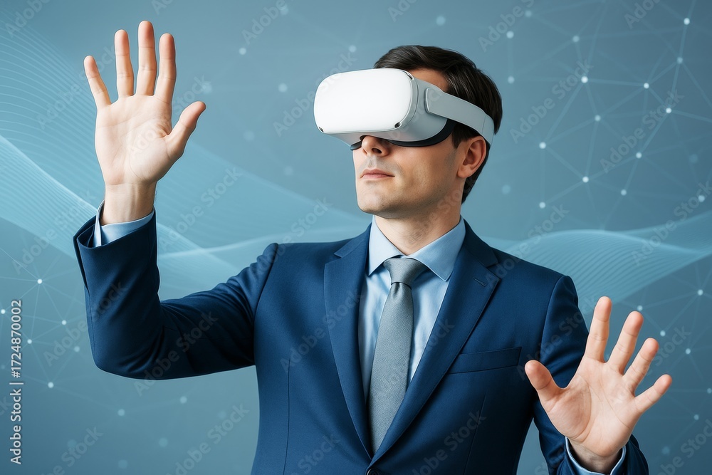Poster businessman using virtual reality headset interacting with digital interface in a futuristic tech en